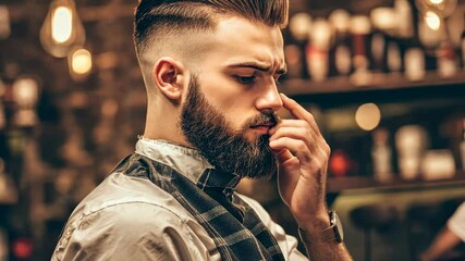 A bearded man with a stylish haircut adjusting his mustache in a classic barbershop setting, exuding confidence and grooming elegance.


