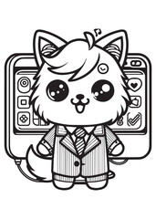 Cute cat on the screen coloring page design 