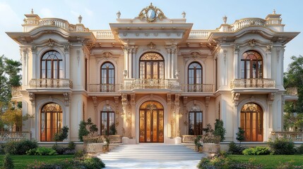 Obraz premium 3D model of a luxury mansion with a grand entrance and intricate architectural details, isolated on white.