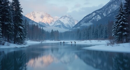 Fototapeta premium A frozen lake near snowy mountains and evergreens, its surface reflecting silver starlight. Skaters’ movements echo the serene rhythm of nature's silent beauty. 
