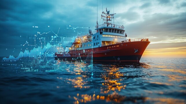 A sleek research vessel sails through calm seas at sunset, showcasing advanced technology with digital data visuals emerging from the hull.