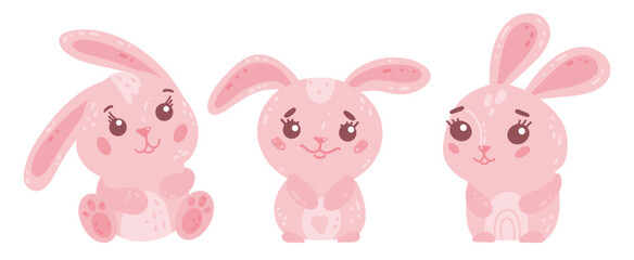 Vector illustration set of cute easter rabbits. Happy Easter elements with yellow chicks for clipart, sticker, decor card