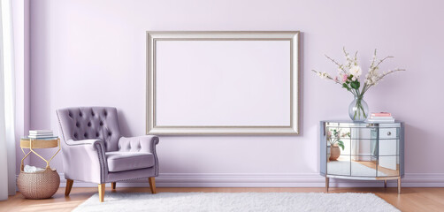 "A completely blank photo frame with a silver border placed on a soft lavender wall. The setup includes a tufted velvet chair in lilac, a mirrored side table, and a plush area rug. 