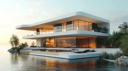 Fototapeta premium 3D model of a luxury vacation home with expansive terraces and sleek modern design, isolated on white.