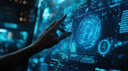 Hand interacting with futuristic digital security person human.