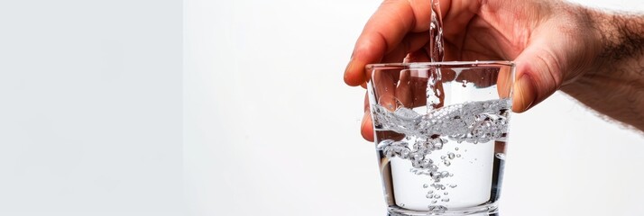 Water Glass in Hand, Filling Glass With Tap Water From Faucet Closeup Isolated on White Background