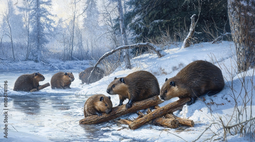 Wall mural A group of beavers working together in a serene winter landscape to gather wood and build a dam, showcasing their teamwork and dedication in a natural setting