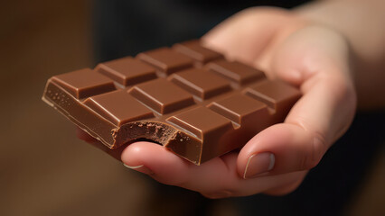 Hand holding a bitten chocolate bar: sweet indulgence and temptation up close