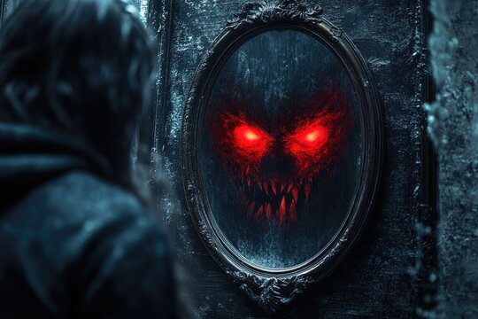 Sinister reflection: dark mirror with glowing red eyes and monstrous face