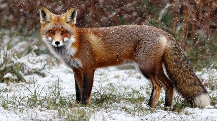 Naklejka premium A Red Fox Scanning Its Snowy Field Surroundings While Snow Flurries Fall, Capturing the Beauty of Winter Wildlife in a Serene Nature Scene