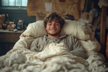 Obraz premium Cozy morning: cheerful person relaxing in bed with a warm smile and casual hoodie