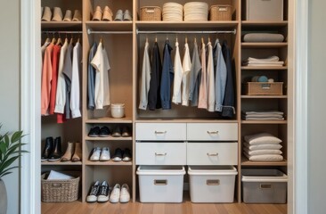 well-organized white closet with neatly arranged clothes, shoes, and labeled storage boxes, creating a clean and minimalist interior space