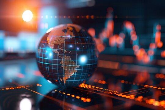 Illuminated digital globe with a financial data overlay and stock chart background, symbolizing global economy, market analysis, and international trade.