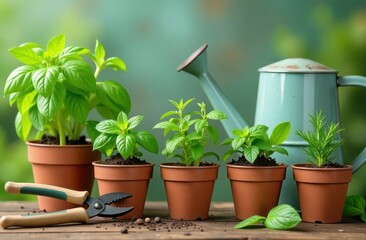 small pots with various herbs like basil, mint, rosemary  and gardening tools. Space for text to promote herb gardening kits or  growing herbs at home