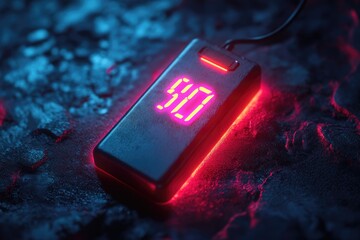 Glowing digital battery charger displaying 90 percent charge in dark environment