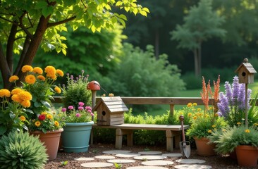 Obraz premium charming garden corner with decorative items