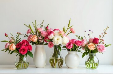 collection of beautiful flower bouquets in various vases. Space for text to advertise floral design workshops or bouquet delivery services