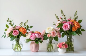 Obraz premium collection of beautiful flower bouquets in various vases. Space for text to advertise floral design workshops or bouquet delivery services
