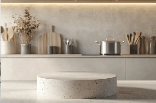 Small, round product podium in the foreground with a modern kitchen setup in the background, ideal for clean and minimalistic product displays.