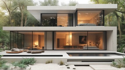 a minimalist cube house with concrete walls and large glass panels, on a white background.