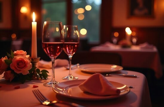Romantic dinner setup. Beautifully laid dining table for a romantic dinner