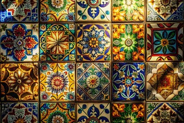 Artistic Silhouette Photography of Colorful Wall Tiles in Vibrant Patterns and Textures, Showcasing Unique Designs for Interior Decoration and Home Improvement Projects