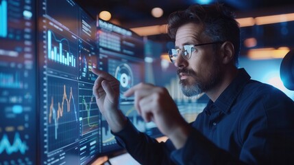 Professional financial analyst examining complex data on multiple digital screens, analyzing market trends and charts in a high-tech environment.