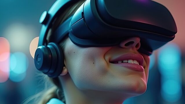 Enthusiastic Woman Enjoying an Immersive Virtual Reality Experience in a Modern Gaming Lounge During an Evening Meetup With Friends