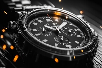 Fototapeta premium Luxurious black chronograph watch with sparks and shiny metallic details