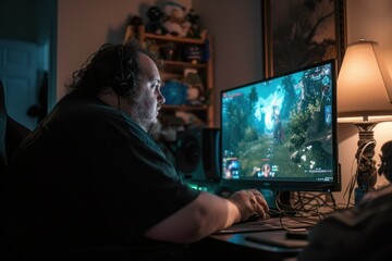 A gamer focused on a video game, illuminated by the glow of the screen in a cozy gaming setup with headphones and ambient lighting
