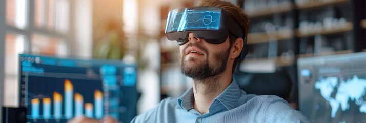 A man wearing virtual reality glasses, viewing financial data visualizations in a modern office setting, representing futuristic technology in finance.