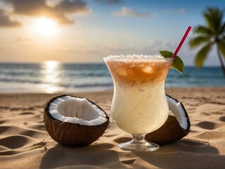 Pina colada cocktail on the ocean beach. Tourism in tropical countries