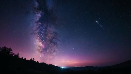 The stars of the universe shine against the background of a dark blue purple pink sky