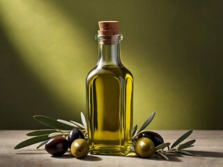 Transparent bottle of olive oil. Ingredient for cooking, cosmetology