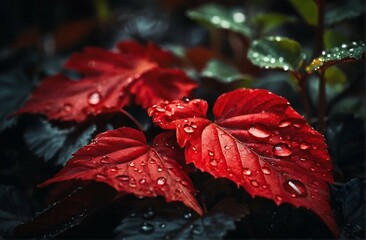 Drops of water on red fallen leaves. Contrasting beautiful autumn wallpaper