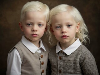 The boy and girl are albino twins. Portrait