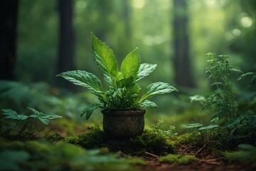 Decorative foliage flower in a flowerpot in the forest. Close-up photo. Magic wallpaper