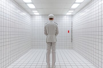 Fototapeta premium Minimalist white room with man in uniform facing away
