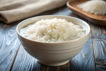 raw rice soak in water in bowl to prepare for cooking