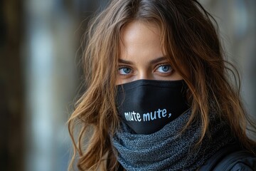 Fototapeta premium Portrait of woman with brown hair wearing black mask with 