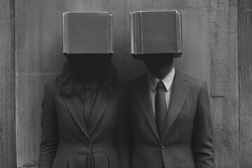 Surreal conceptual art: two headless figures with books in place of heads