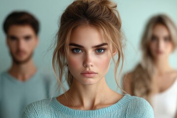 Focused woman with soft expression in pastel tones, blurred background