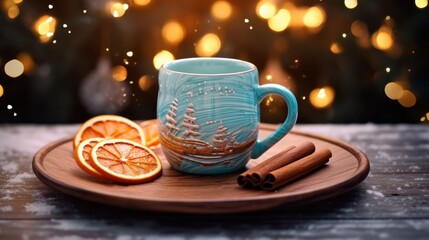 MUG of hot capuchino in a wooden table