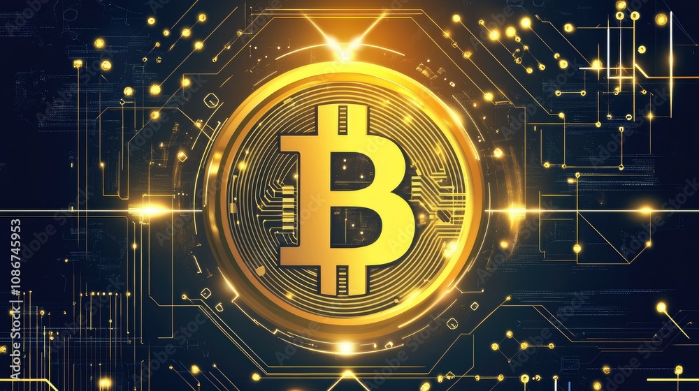 Poster golden bitcoin symbol on digital background with glowing lights and circuit patterns, representing c