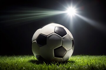 Fototapeta premium Black and White Low Light Photography of a Soccer Ball on a Grassy Field at Night, Capturing the Texture and Details of the Ball and Surrounding Environment in a Dramatic Setting