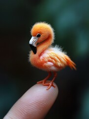 Fototapeta premium Adorable flamingo. It is the world's smallest cute pet baby, perched on a beautiful finger, which is undoubtedly cute and charming.