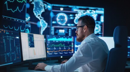 Focused male financial analyst in glasses analyzing complex data and stock market trends on multiple screens in a high-tech office environment.