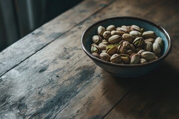 Roasted Pistachios in a Rustic Bowl on Wood