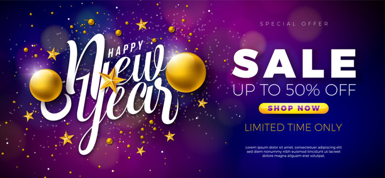 Happy New Year Sale 2025 Design with Typography Number and Gold Christmas Ball on Shiny Colorful Background. Holiday Special Offer Campaign Discount Illustration for Coupon, Voucher, Banner, Flyer