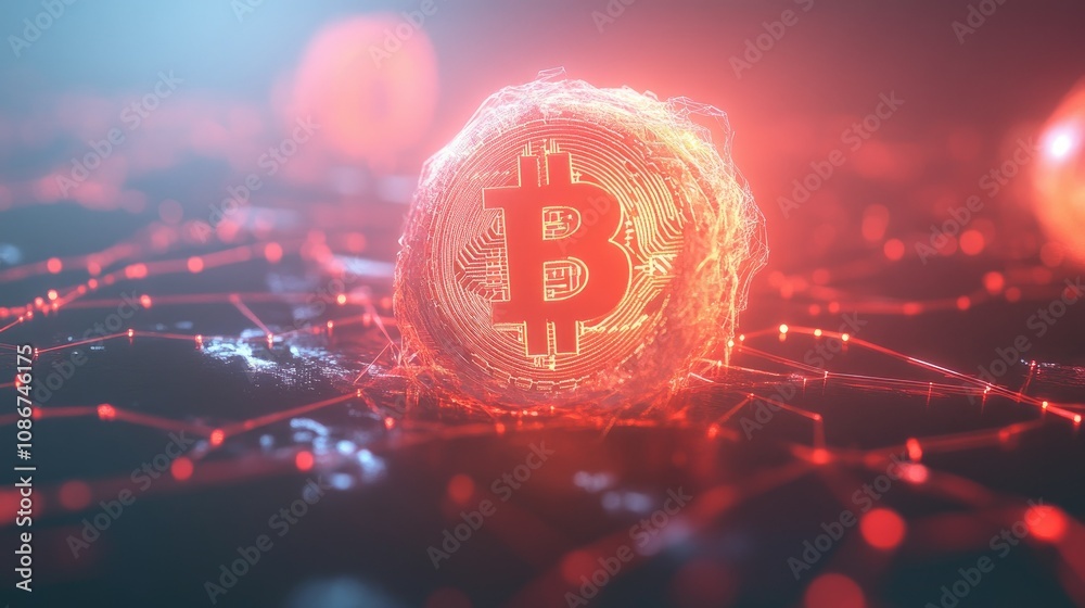 Poster abstract representation of bitcoin in a digital network showcasing glowing blockchain technology and